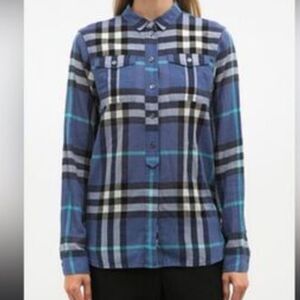 Burberry Blue Iconic Nova Check Plaid Chic Feminine Pullover Blouse Size Medium